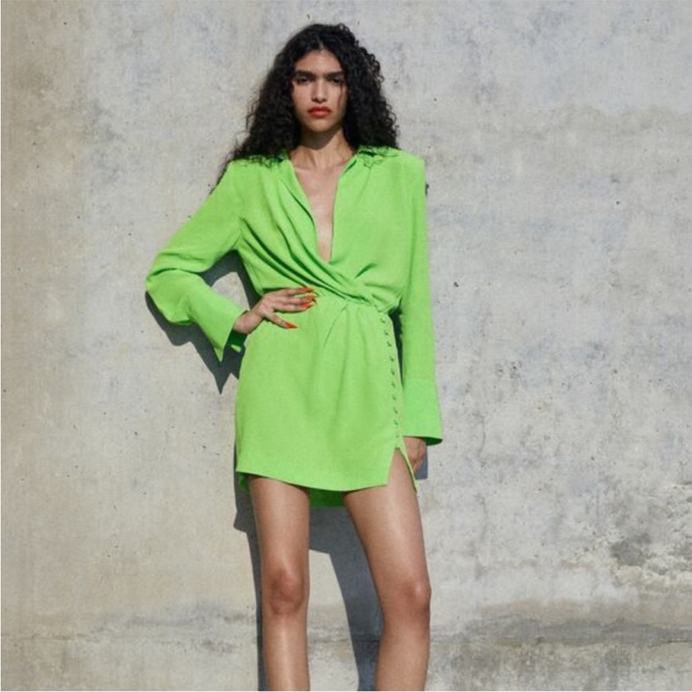 Zara green shoulder pad shirt dress